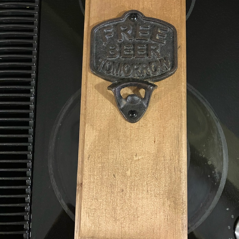 Wall-Mounted Cast Iron Bottle Opener on Wooden Plaque - Black Metal